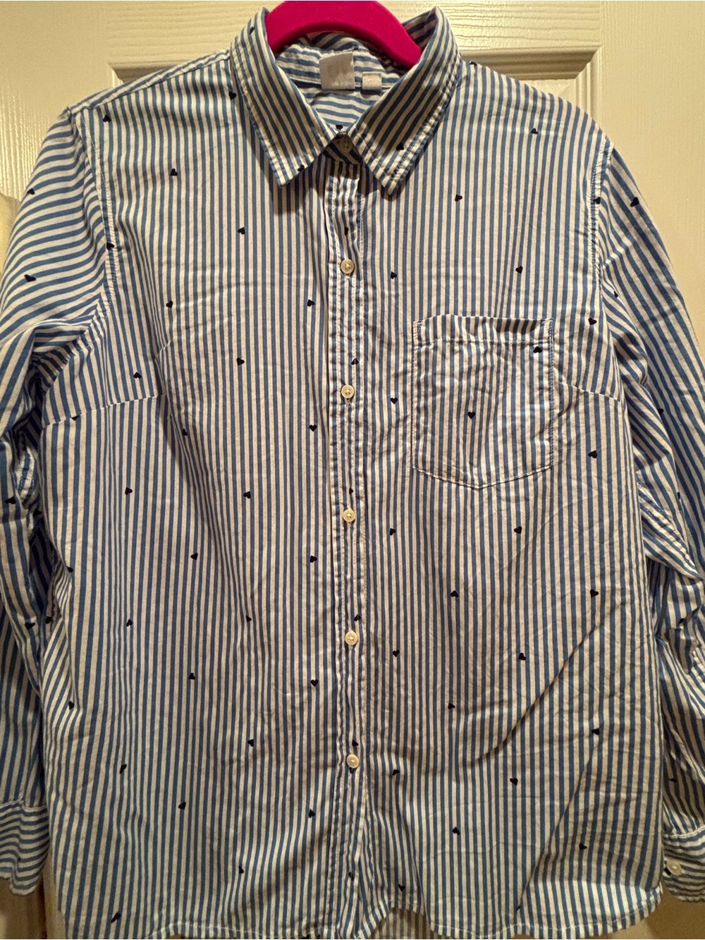 GAP Blue & White Striped Button-Up Blouse with Black Hearts Detail